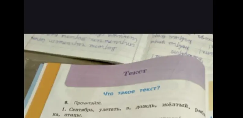 Предложи составить текст из слов: Сентябрь, улетать, в, дождь, желтый, рябина, птицы