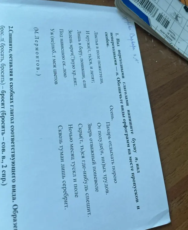 Помоги выполнить упражнение: над переходными глаголами напиши букву п, над непереходными — н. Обозначь виды орфограмм на месте пропусков и скобок. Спиши, оставляя в скобках глагол соответствующего вида