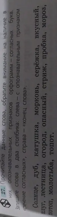 Раздели слова на два столбика: слова со стечением согласных и слова, где особенность написания в конце слова