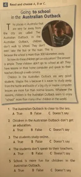 Ты просишь выбрать вариант ответа (A, B или C) на вопросы по тексту "Going to school in the Australian Outback"