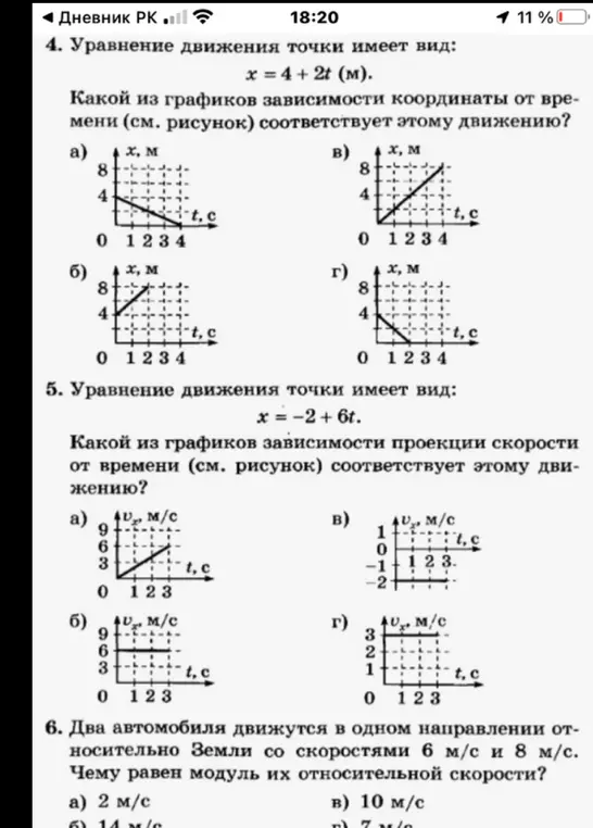 Реши задачу про уравнение движения точки: какой график зависимости координаты от времени соответствует уравнению x = 4 + 2t?
