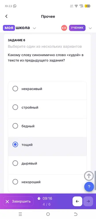 Выбери правильную морфологическую характеристику слова «его» и определи синоним к слову «худой» в тексте.