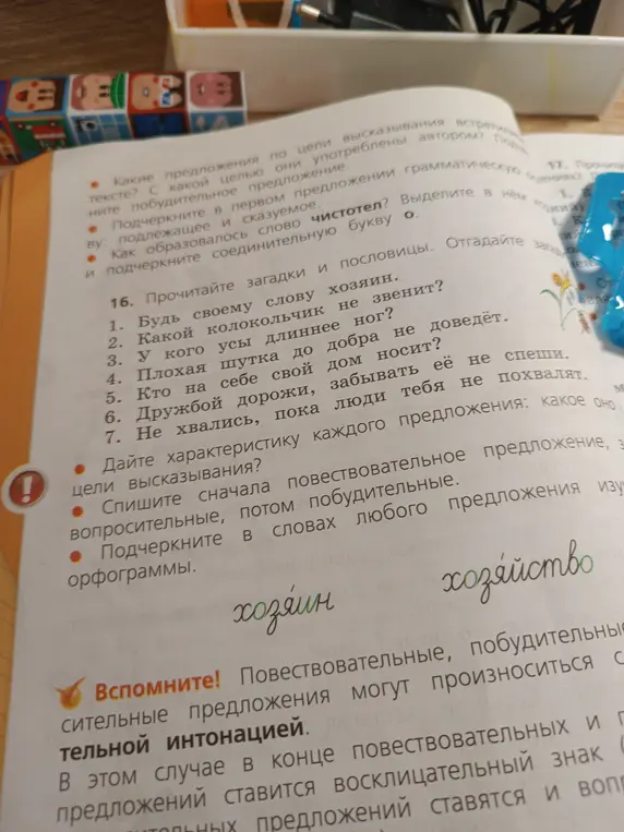 Ты просишь прочитать загадки и пословицы в упражнении 16, дать характеристику каждого предложения и подчеркнуть орфограммы в словах «хозяин» и «хозяйство».
