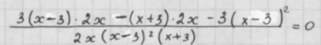 Реши уравнение \frac{3(x-3)\cdot 2x-(x+3)\cdot 2x-3(x-3)^2}{2x(x-3)^2(x+3)} = 0