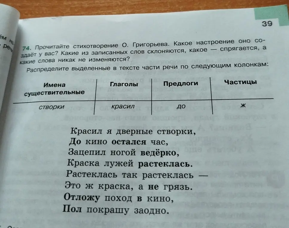 Распредели выделенные в тексте части речи по следующим колонкам