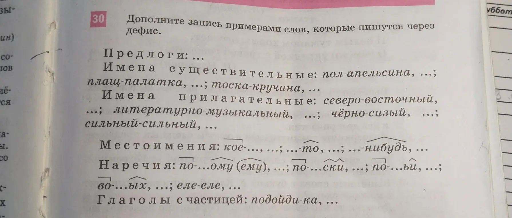 Заполни запись примерами слов, которые пишутся через дефис