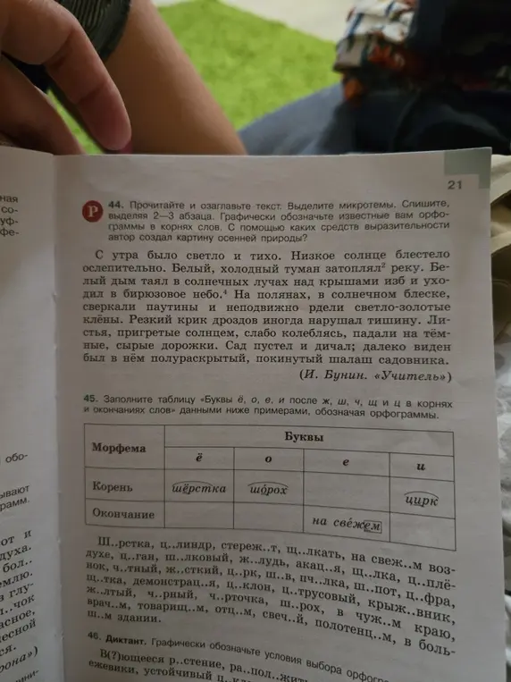 Заполни таблицу «Буквы ё, о, е, и после ж, ш, ч, щ, ц в корнях и окончаниях слов» данными ниже примерами, обозначая орфограммы