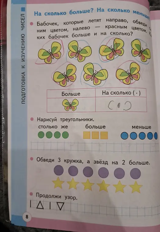 Ты просишь определить, каких бабочек больше и на сколько, нарисовать треугольники и квадраты, обвести кружки и звезды, и продолжить узор.