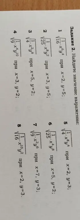 Найди значение выражения 1/sqrt(16) * x^6 * y^4 при x=2, y=5