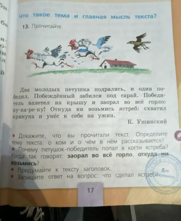 Можешь доказать, что я прочитал текст, определить тему, ответить на вопросы и придумать заголовок к тексту про петушков?