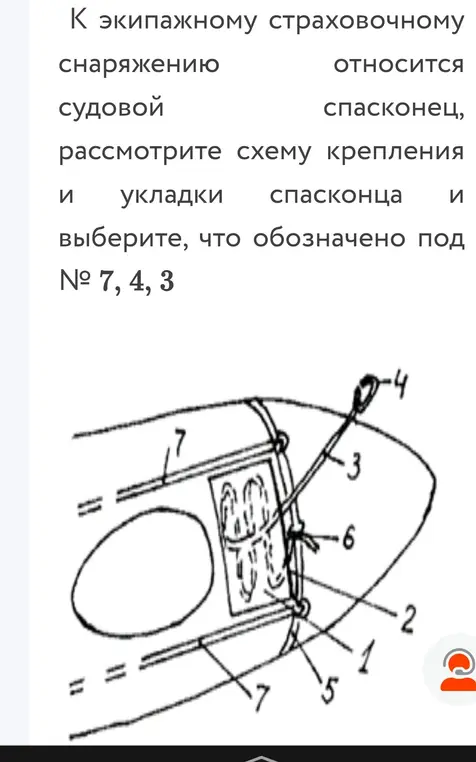 Выбери, что обозначено под номерами 7, 4, 3 на схеме крепления и укладки спасконца