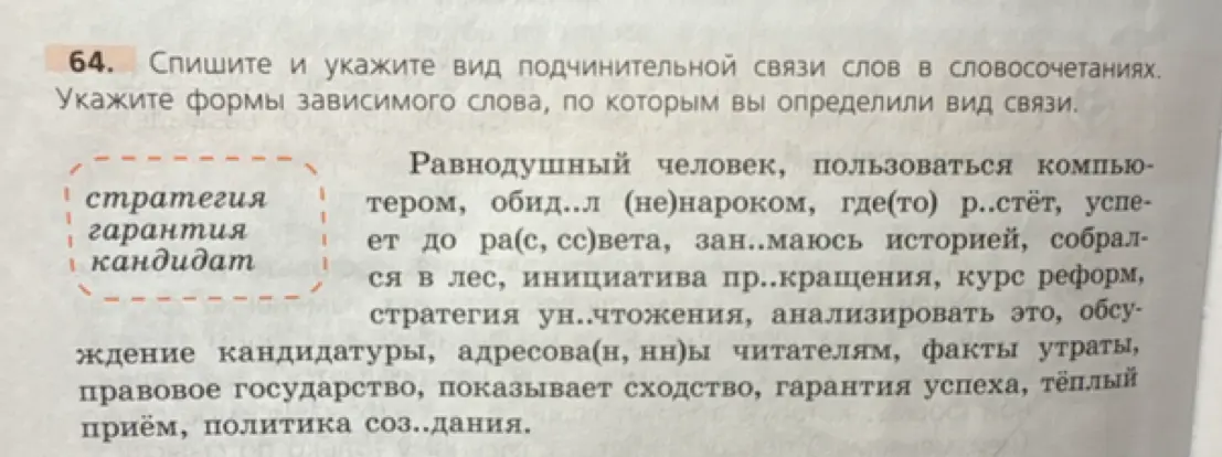 Объясни, какой вид подчинительной связи слов в словосочетаниях: стратегия, гарантия и кандидат?