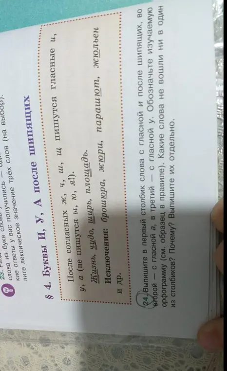 Выпиши в первый столбик слова с гласной и после шипящих, во второй - с гласной а, в третий - с гласной у. Обозначь изучаемую орфограмму (см. образец в правиле). Какие слова не вошли ни в один из столбиков? Почему? Выпиши их отдельно.
