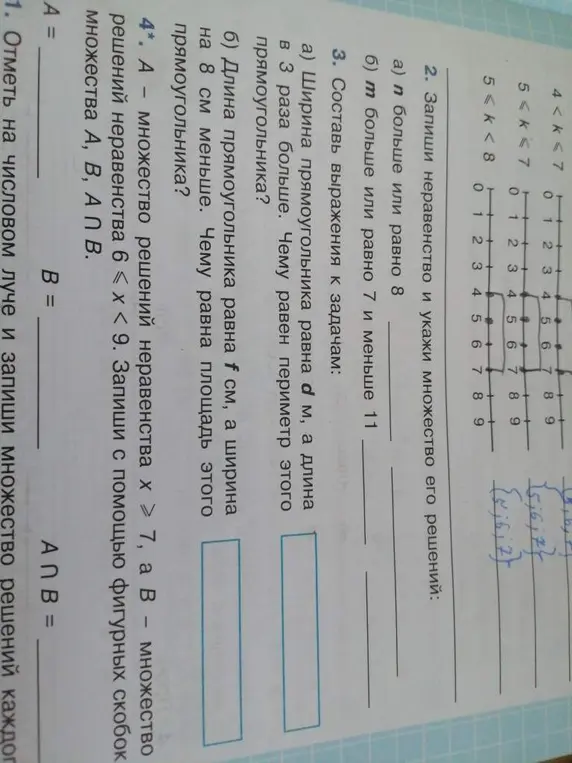 Запиши неравенство и укажи множество его решений: n больше или равно 8