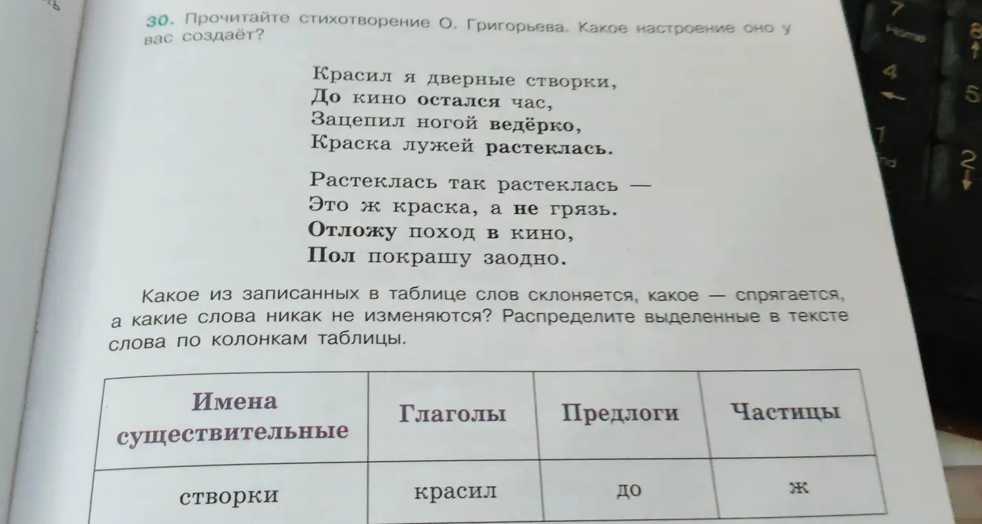 Какие слова из стихотворения О. Григорьева склоняются, спрягаются, не изменяются? Распредели выделенные в тексте слова по колонкам таблицы.