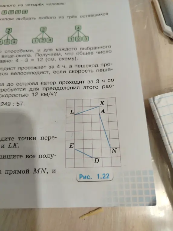 Нужно найти точки пересечения прямых AE и LK и описать все получившиеся фигуры на прямой MN