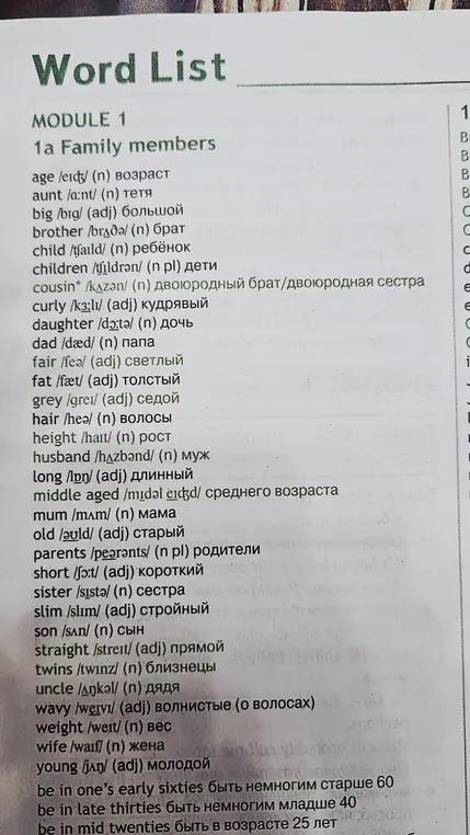 Составь таблицу по списку английских слов на тему "члены семьи"