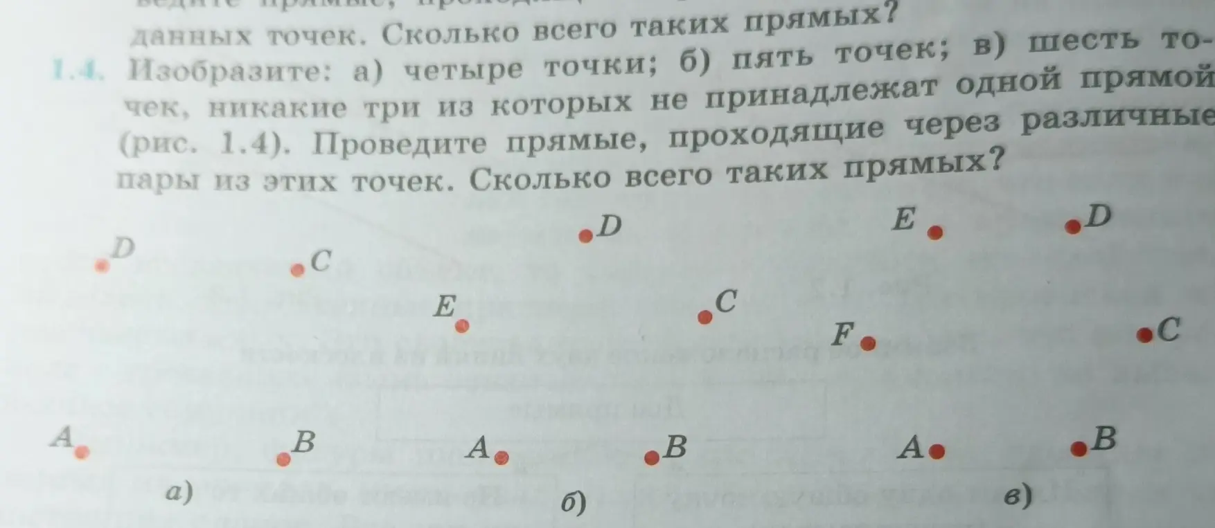 Объясни, как изобразить четыре, пять и шесть точек, никакие три из которых не принадлежат одной прямой, и провести прямые, проходящие через различные пары из этих точек, и посчитать, сколько всего таких прямых.