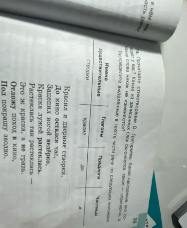 Распредели выделенные в тексте части речи по следующим колонкам: имена существительные, глаголы, предлоги, частицы.