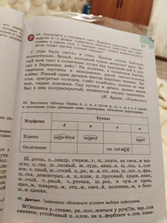 Помоги заполнить таблицу «Буквы ё, о, е, и после ж, ш, ч, щ и ц в корнях и окончаниях слов» данными ниже примерами, обозначая орфограммы.