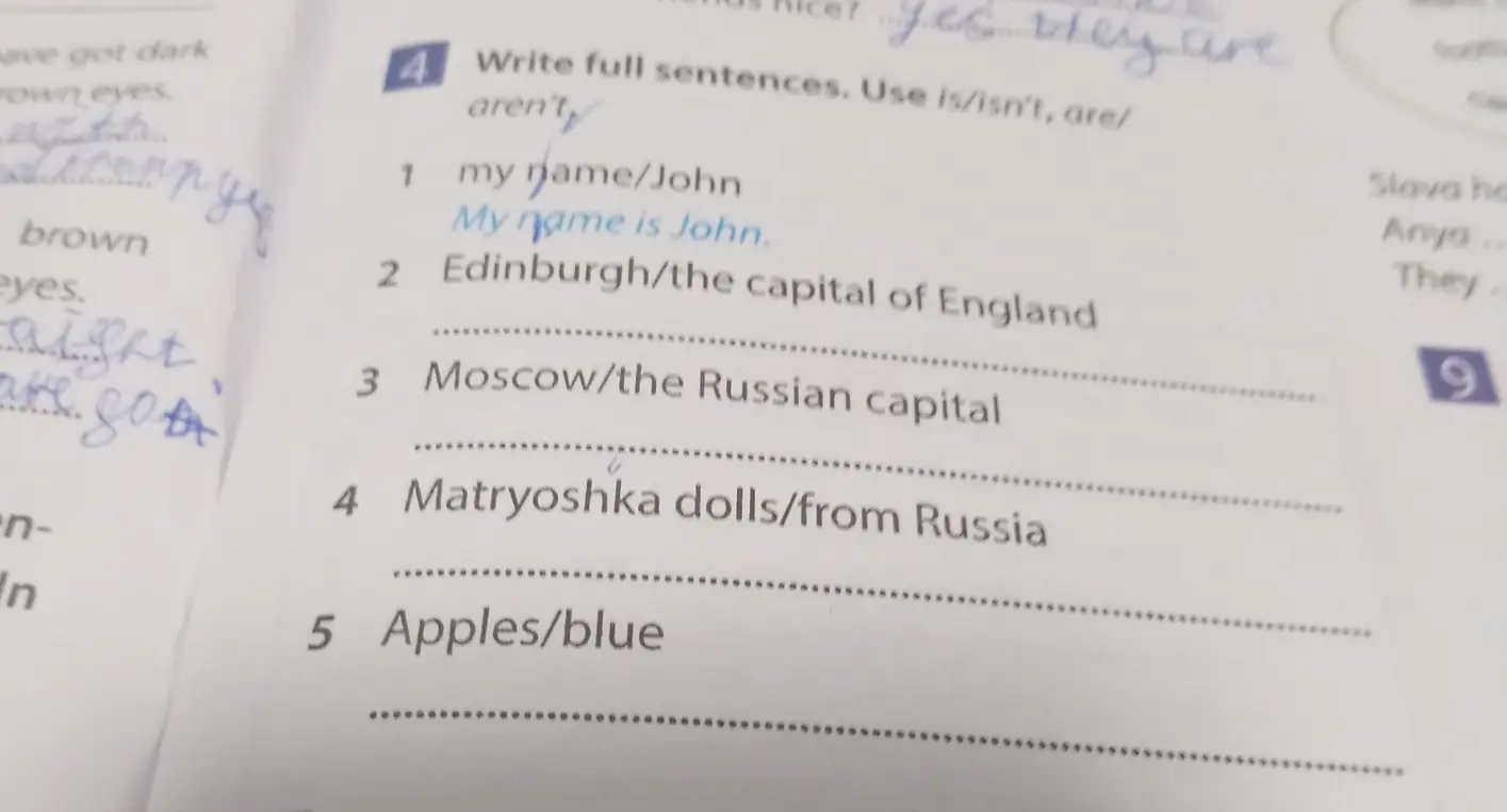 Помоги составить полные предложения, используя слова is/isn't, are/aren't в упражнении 4 под номером 2.
