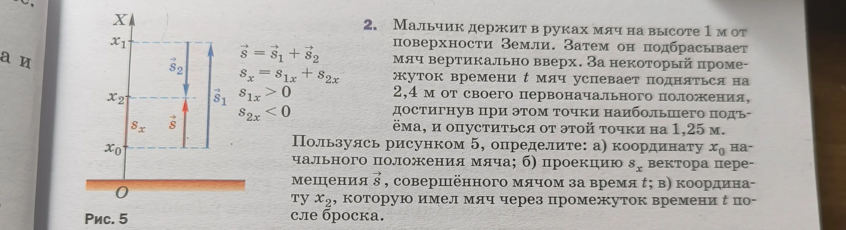 Определи координату $x_0$ начального положения мяча, проекцию $s_x$ вектора перемещения $\vec{s}$, совершённого мячом за время $t$ и координату $x_2$, которую имел мяч через промежуток времени $t$ после броска.