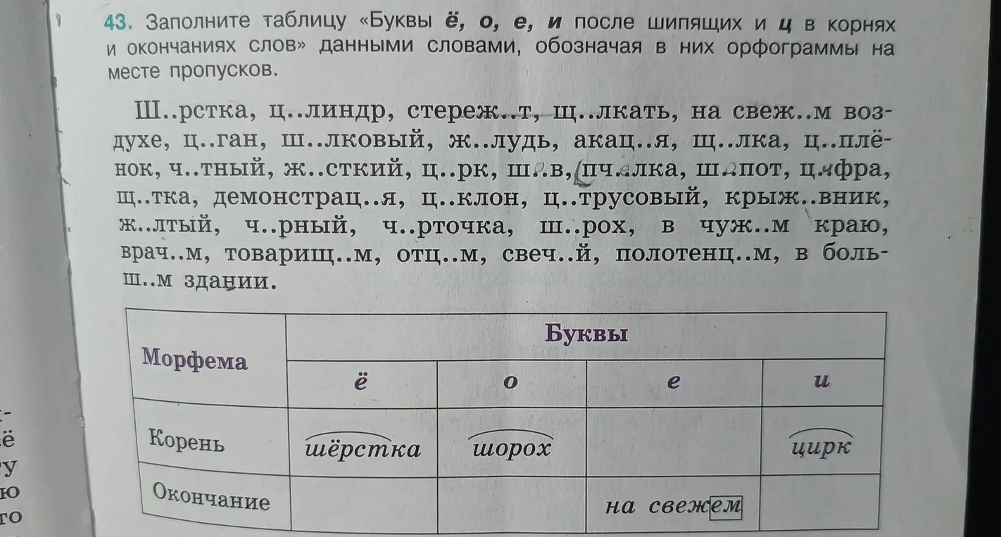 Заполни таблицу «Буквы ё, о, е, и после шипящих и ц в корнях и окончаниях слов» данными словами.