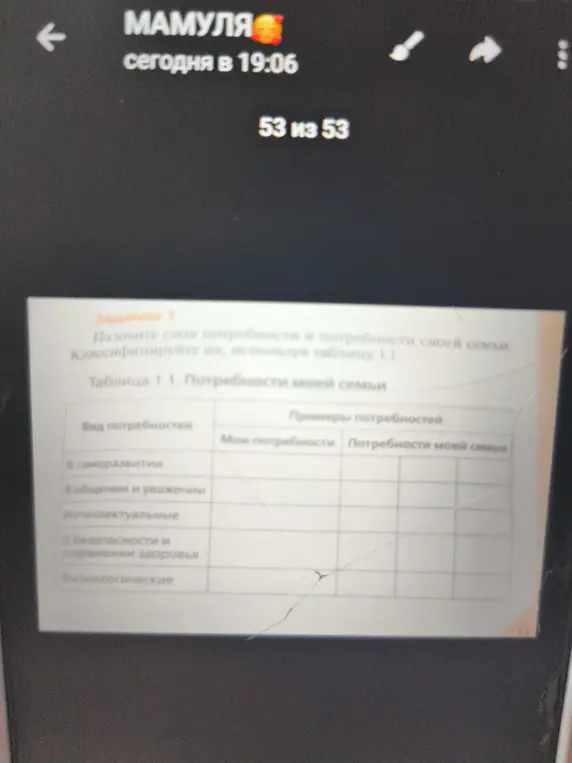 Назови свои потребности и потребности своей семьи, классифицируй их, используя таблицу 1.1