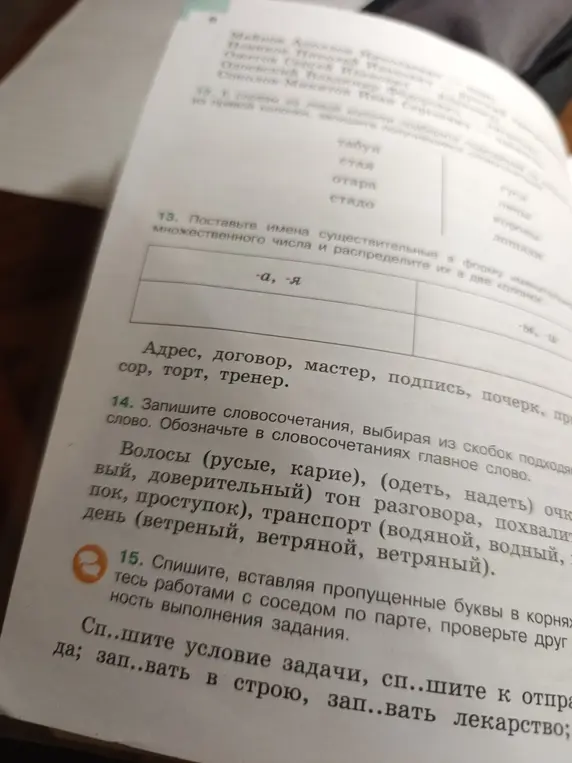 Помоги поставить имена существительные во множественное число и распредели их в две колонки; записать словосочетания, выбирая из скобок подходящее слово; вставить пропущенные буквы в корнях слов.