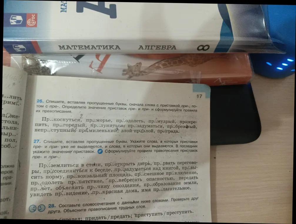 Объясни, как вставить пропущенные буквы в слова с приставкой при- и пре- в упражнениях 26 и 27