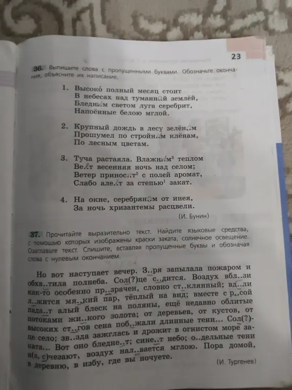 Выпиши слова с пропущенными буквами из первого текста, обозначь окончания, объясни их написание.