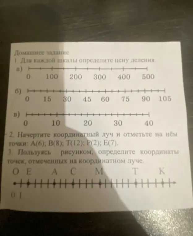 Ты просишь определить цену деления каждой шкалы, начертить координатный луч и отметить точки, а также определить координаты точек на координатном луче.