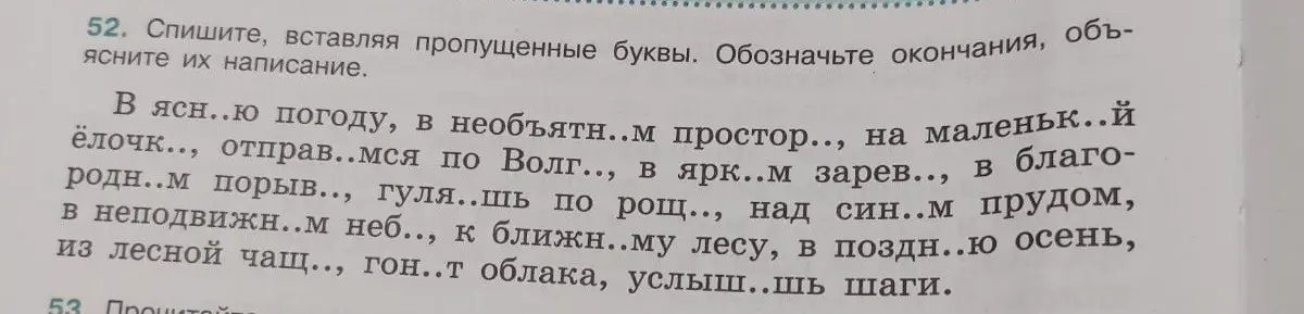 Спиши текст, вставляя пропущенные буквы и обозначая окончания