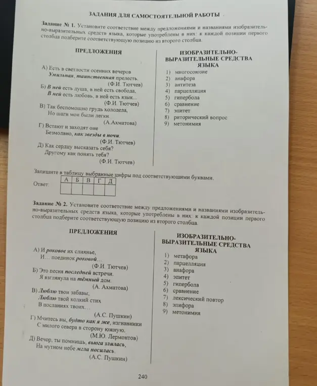 Выполни задание: установи соответствие между предложениями и названиями изобразительно-выразительных средств языка, которые употреблены в них: к каждой позиции первого столбца подбери соответствующую позицию из второго столбца