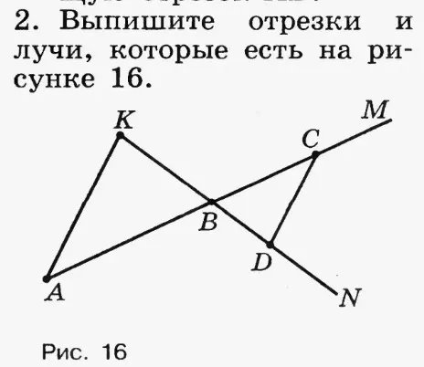 Назови отрезки и лучи, которые есть на рисунке 16