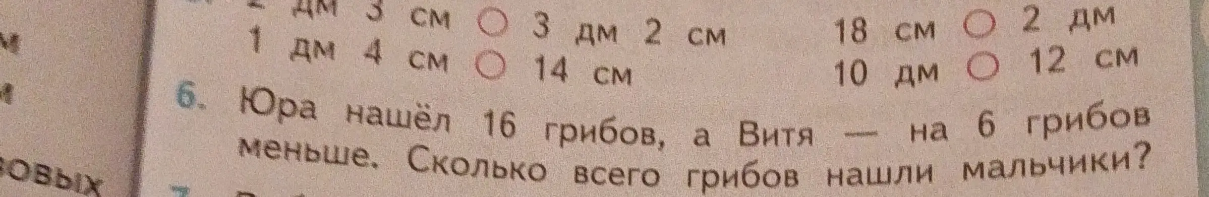Реши задачу: Юра нашёл 16 грибов, а Витя — на 6 грибов меньше. Сколько всего грибов нашли мальчики?