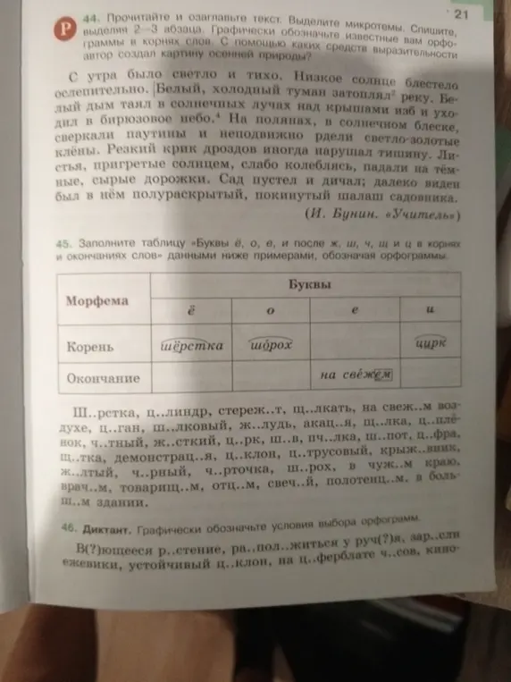 Заполни таблицу «Буквы ё, о, е, и после ж, ш, ч, щ, ц в корнях и окончаниях слов» данными ниже примерами, обозначая орфограммы.