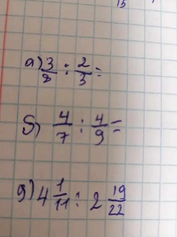 Реши примеры на деление дробей: а) 3/2 : 2/3