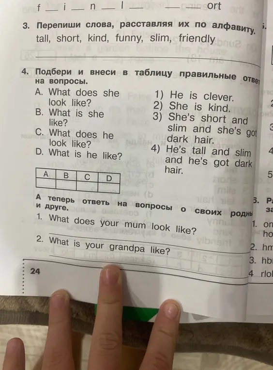 Перепиши слова, расставляя их по алфавиту (tall, short, kind, funny, slim, friendly). Подбери и внеси в таблицу правильные ответы на вопросы.