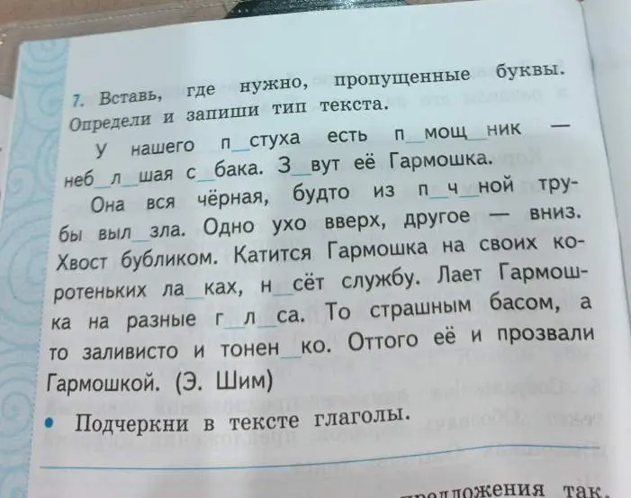Предлагаешь вставить пропущенные буквы и определить тип текста.