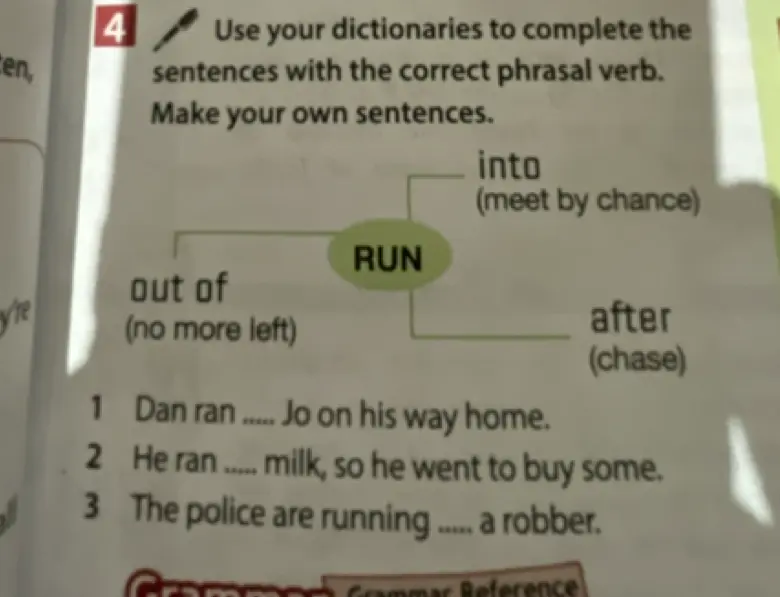 Помоги мне в упражнении 4: заполни предложения фразовым глаголом run.