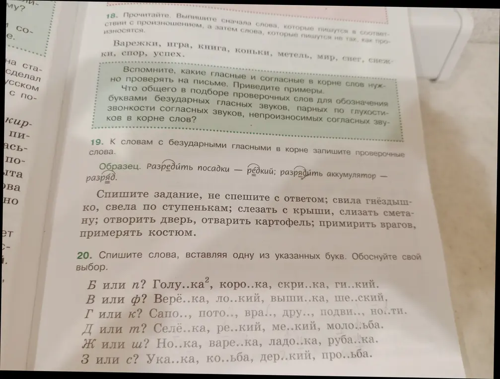 Выполни задание 19: к словам с безударными гласными в корне запиши проверочные слова.
