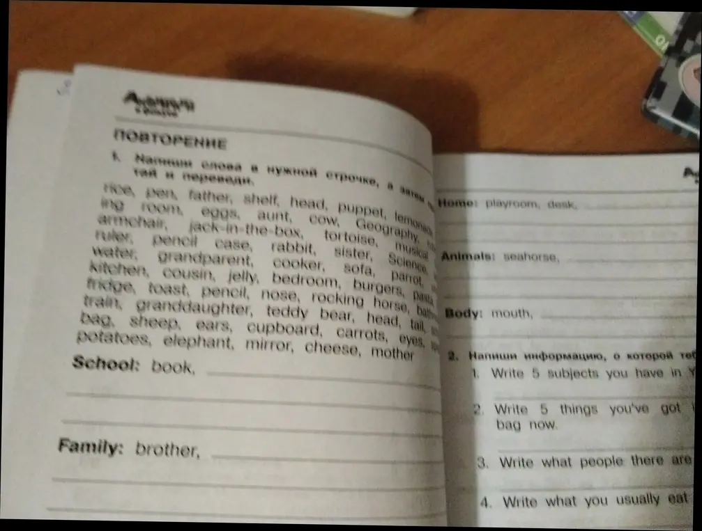 Помоги написать слова в нужной строчке и перевести их