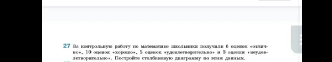 Помоги мне построить столбиковую диаграмму по данным: 6 оценок «отлично», 10 оценок «хорошо», 5 оценок «удовлетворительно» и 3 оценки «неудовлетворительно»