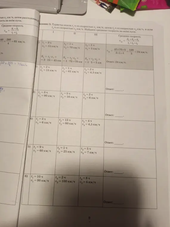 Помоги мне найти среднюю скорость на всём пути в задании 5 под номерами 2, 3, 4, 5, 6