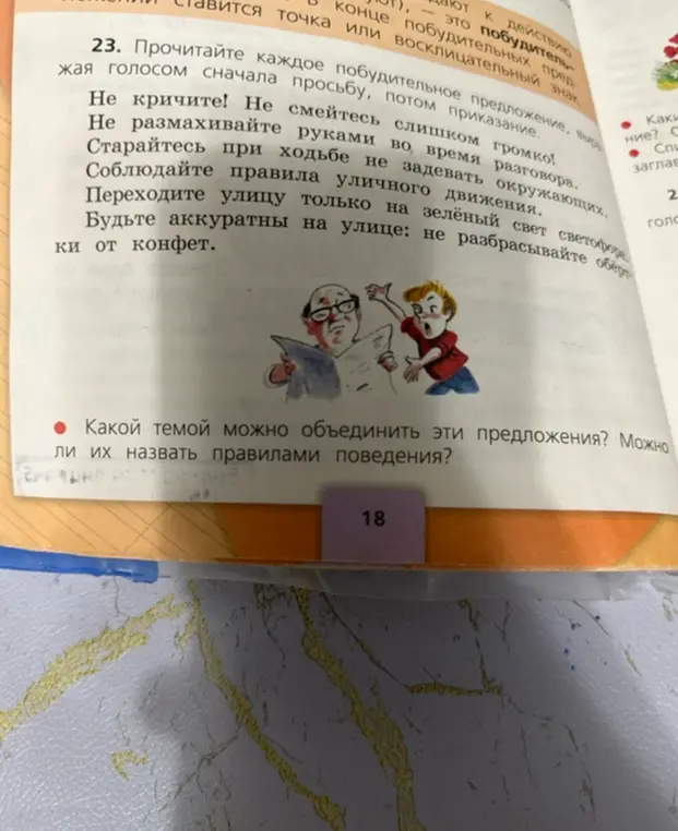 Определи, какой темой можно объединить предложения 'Не кричите! Не смейтесь слишком громко! Не размахивайте руками во время разговора. Старайтесь при ходьбе не задевать окружающих. Соблюдайте правила уличного движения. Переходите улицу только на зелёный свет светофора. Будьте аккуратны на улице: не разбрасывайте обёртки от конфет.'