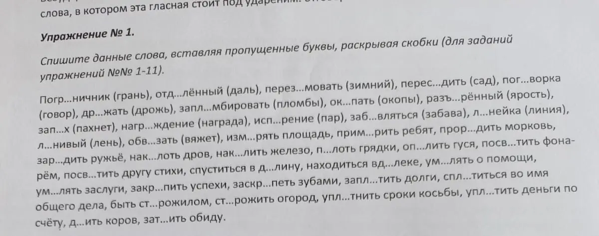 Ты просишь списать слова, вставляя пропущенные буквы и раскрывая скобки в упражнении № 1.