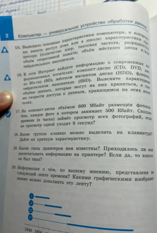 Ты просишь меня решить задачу про фотографии на диске, рассказать про группы клавиш на клавиатуре, про типы принтеров и про информацию на ленте времени.