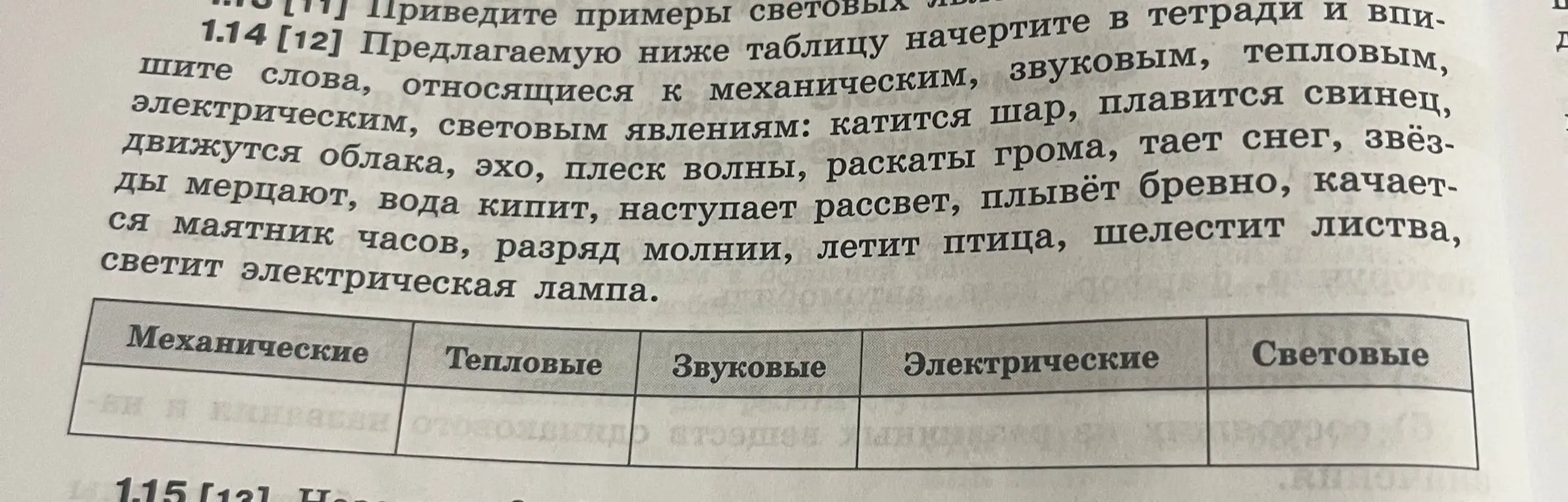 Предлагаемую ниже таблицу начерти в тетради и впиши слова, относящиеся к механическим, звуковым, тепловым, электрическим, световым явлениям.