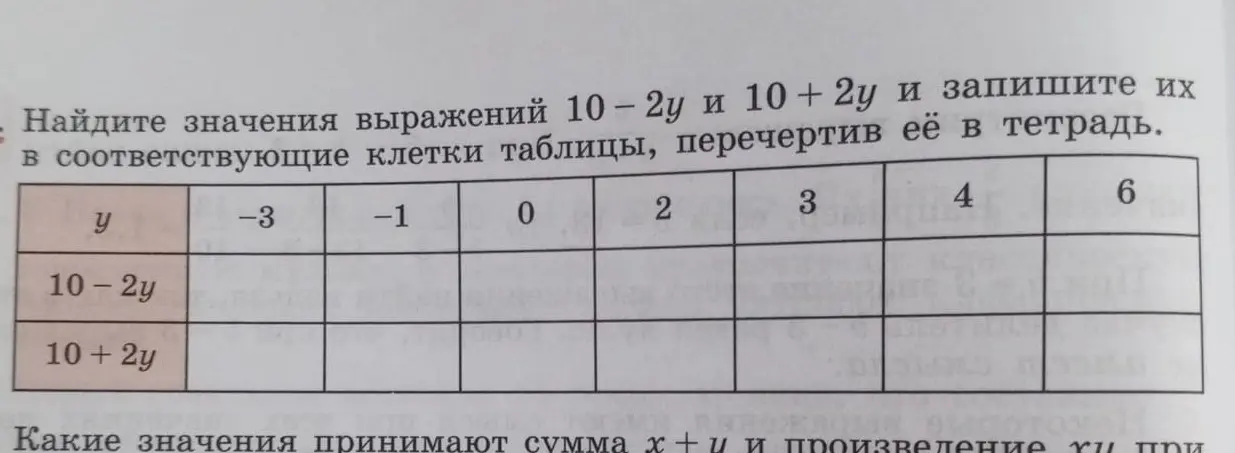Найди значения выражений 10-2y и 10 + 2y и запиши их в соответствующие клетки таблицы.